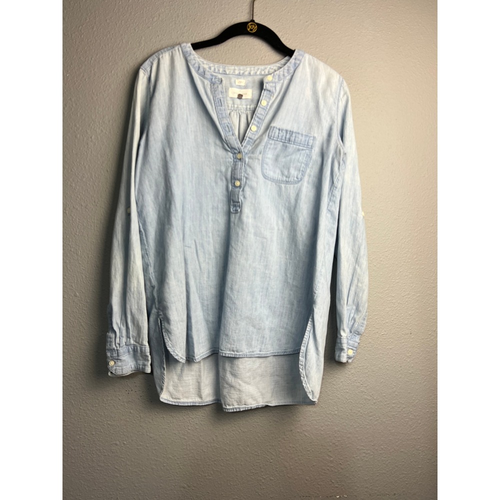 Loft The Softened Shirt Womens Small Light Blue Cotton Henley Denim Tunic Top